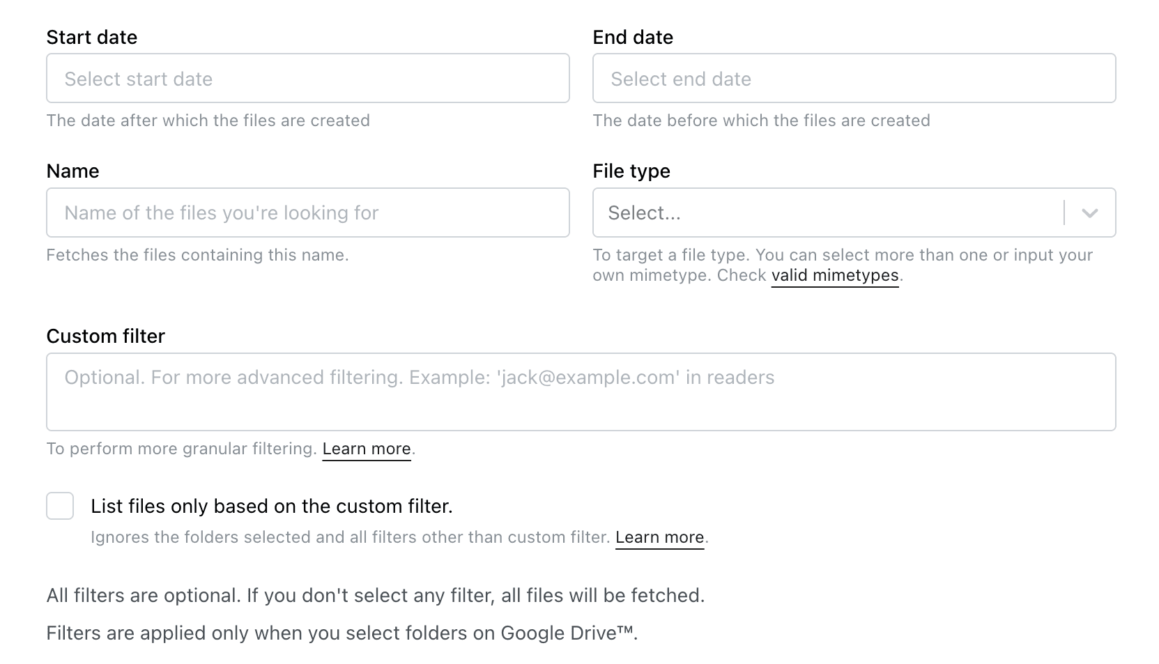 drive explorer in a browser tab with filters