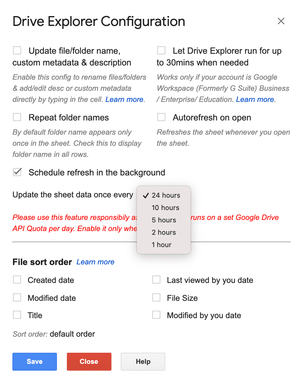 drive explorer configuration dialog