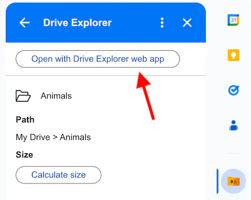 open with drive explorer web app button in the side panel